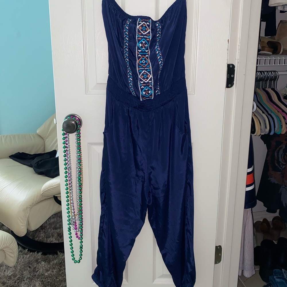 Blue Strapless Jumpsuit with Pockets